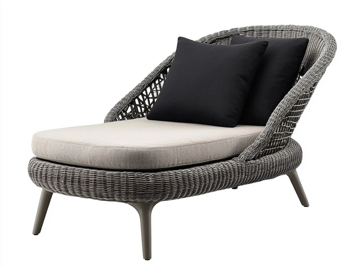 Sofá chaise longue gris de mimbre sintético para exterior 175x75cm estilo moderno con cojines negros comodidad y elegancia para jardín o terraza ZZ2395593