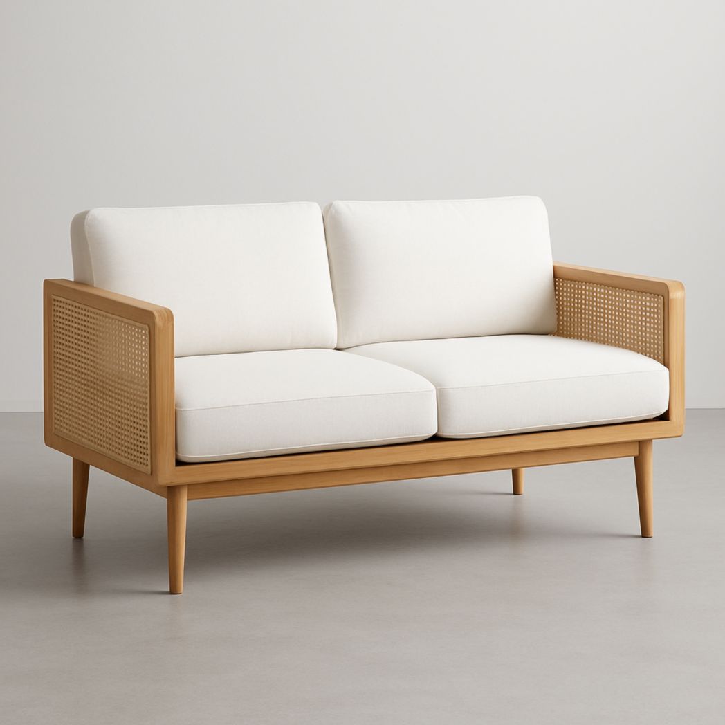 Sofá de dos plazas de madera de haya, color crema, con detalles de ratán 140x75x80 cm