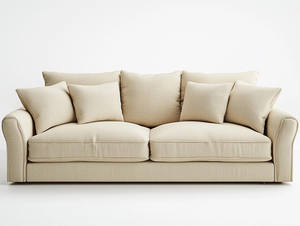 Sofá tapizado beige de tres plazas moderno para sala de estar con cojines de tela y estructura resistente 220x90x85 cm WD2800898