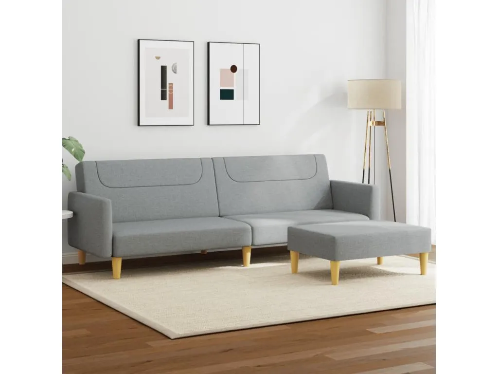 Sofá cama de 2 plazas con taburete tela gris claro