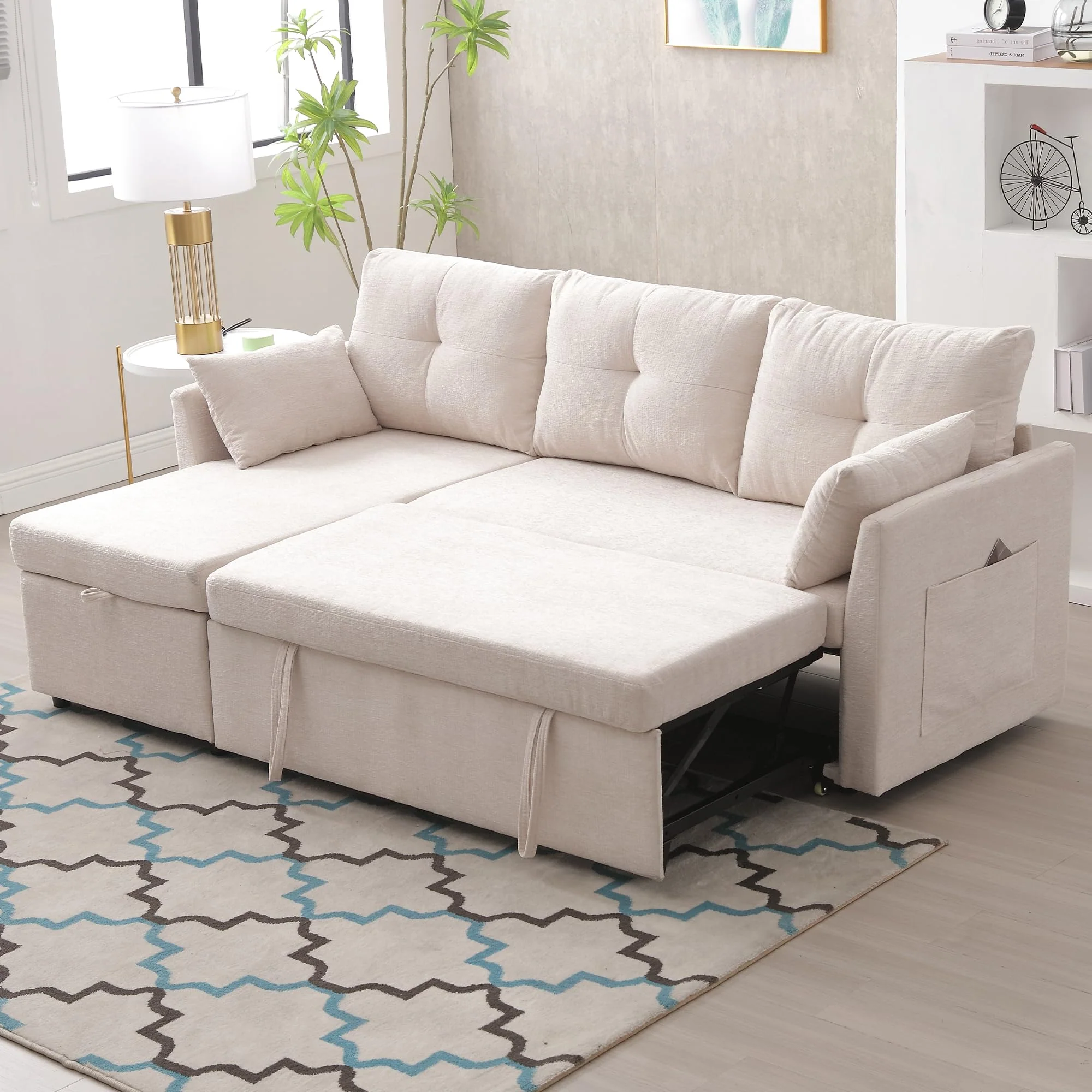 Sofá cama esquinero 3 plazas con almacenamiento beige