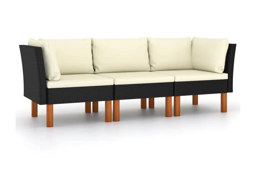 Sofá de jardín 3 plazas con cojines ratán sintético negro