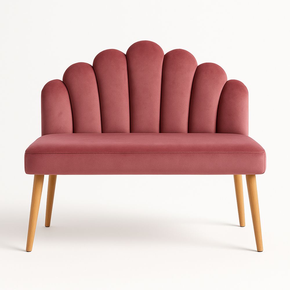 Sofá de dos plazas en color rosa, diseño moderno con respaldo en forma de concha, estructura de madera, ideal para salón o dormitorio