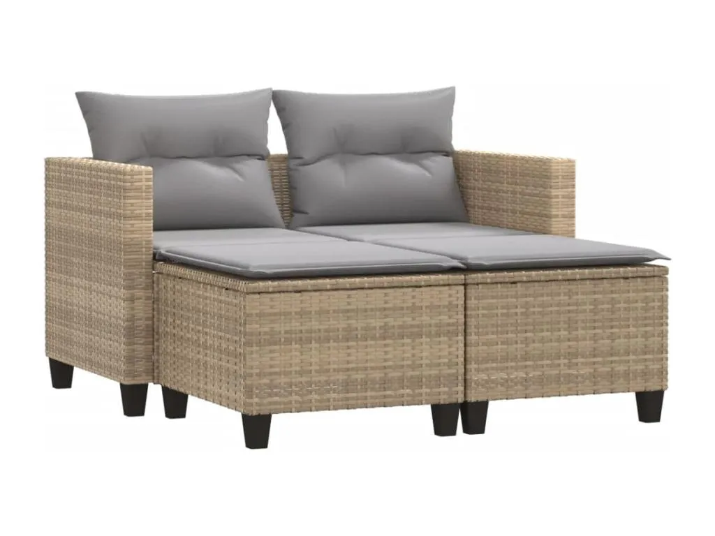 Sofá de jardín Biocasahogar de 2 plazas con taburetes – Resina trenzada beige QF8624873