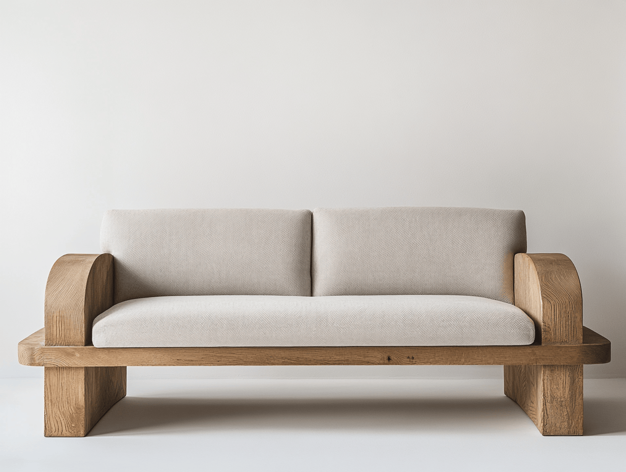 Sofá Beige Madera Roble Tapizado Algodón 2 Plazas Rectangular