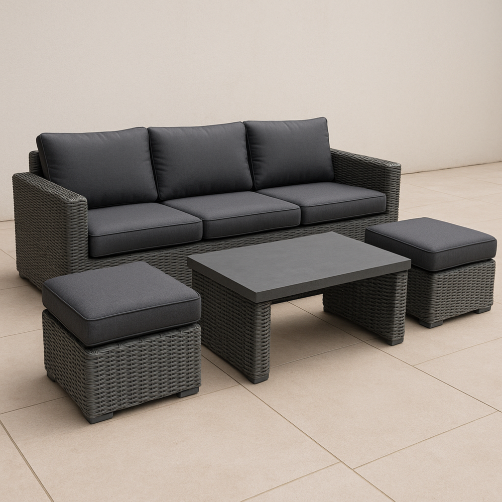 Conjunto de jardín 5 piezas: sofá 3 plazas, 2 reposapiés y mesa de centro de ratán sintético gris con cojines gris oscuro