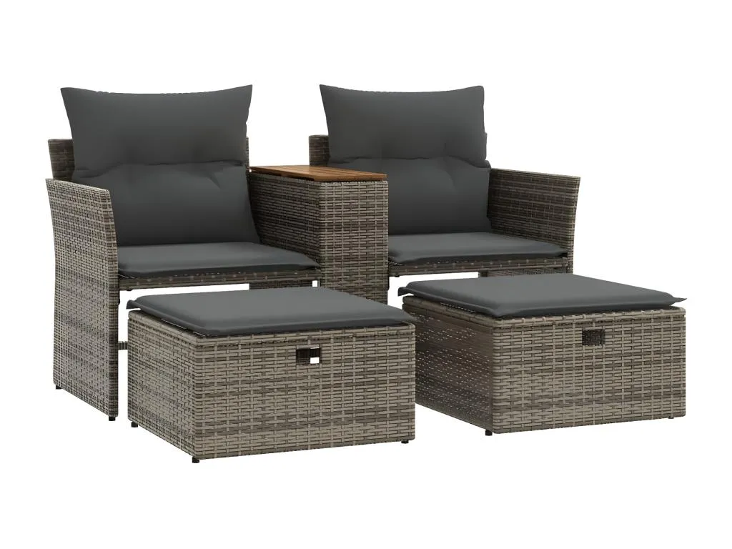 Sofá de jardín 2 plazas con toldo y taburetes ratán PE gris 00600SUHE