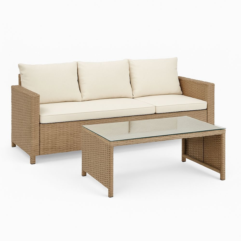 Conjunto Sofá de Ratán Sintético Exterior 3 Plazas Cojines Beige Jardín Terraza