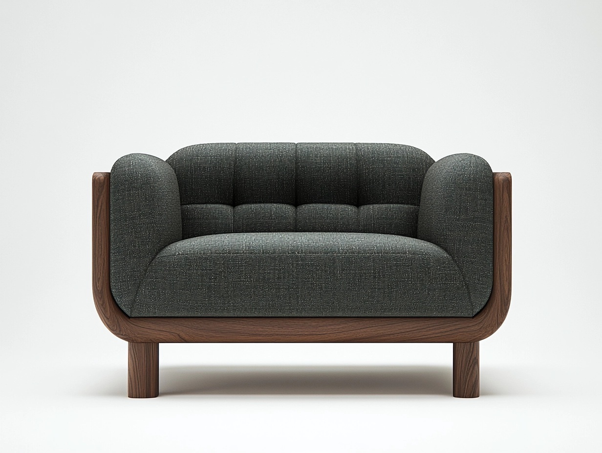 Sofá de dos plazas 150x80 cm para sala estilo moderno con estructura de madera y tapizado en tela gris oscuro