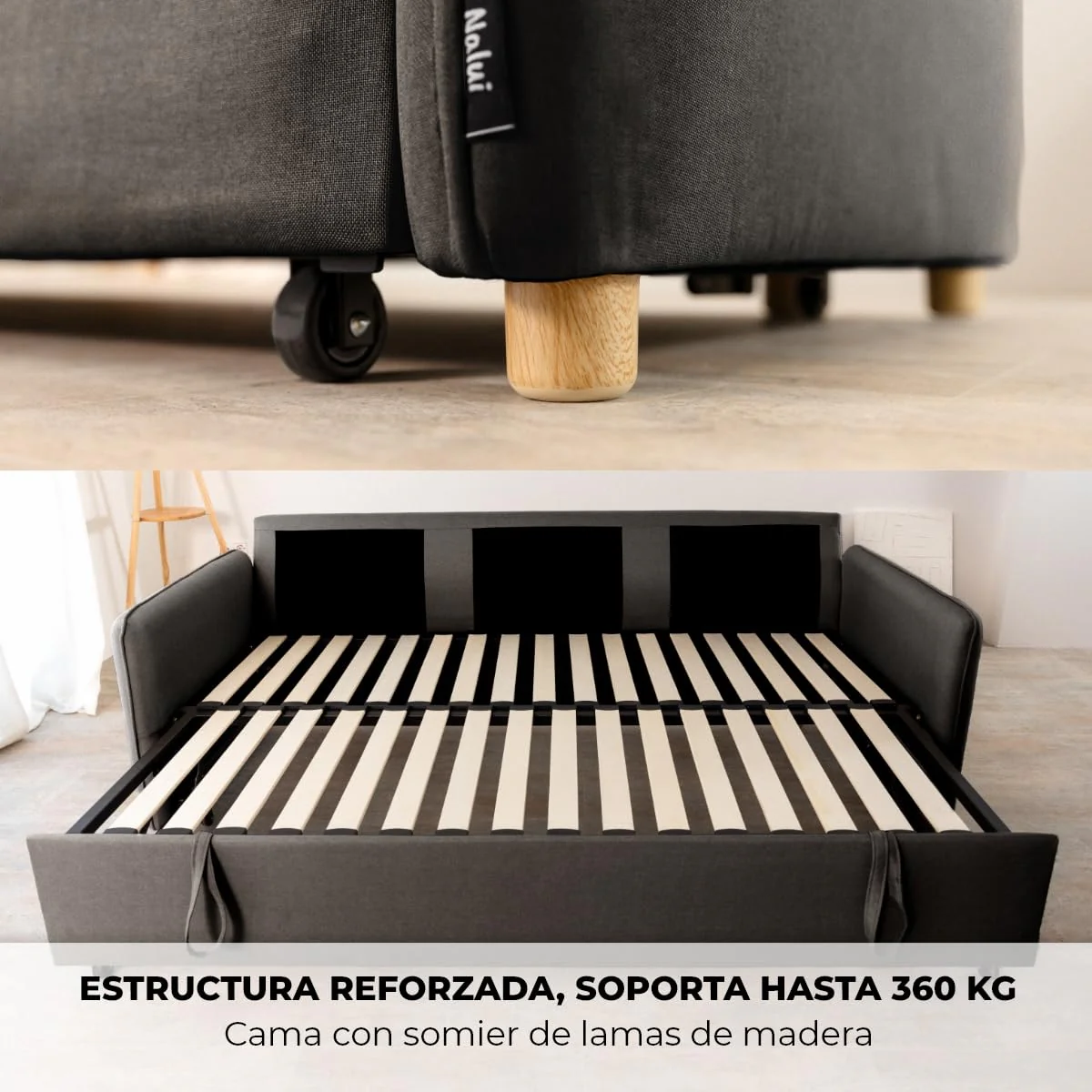 Sofá cama 3 plazas convertible gris oscuro con almohadas