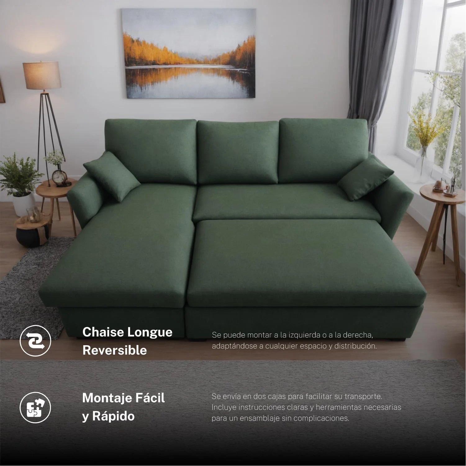 Sofá cama 3 plazas chaise longue reversible verde