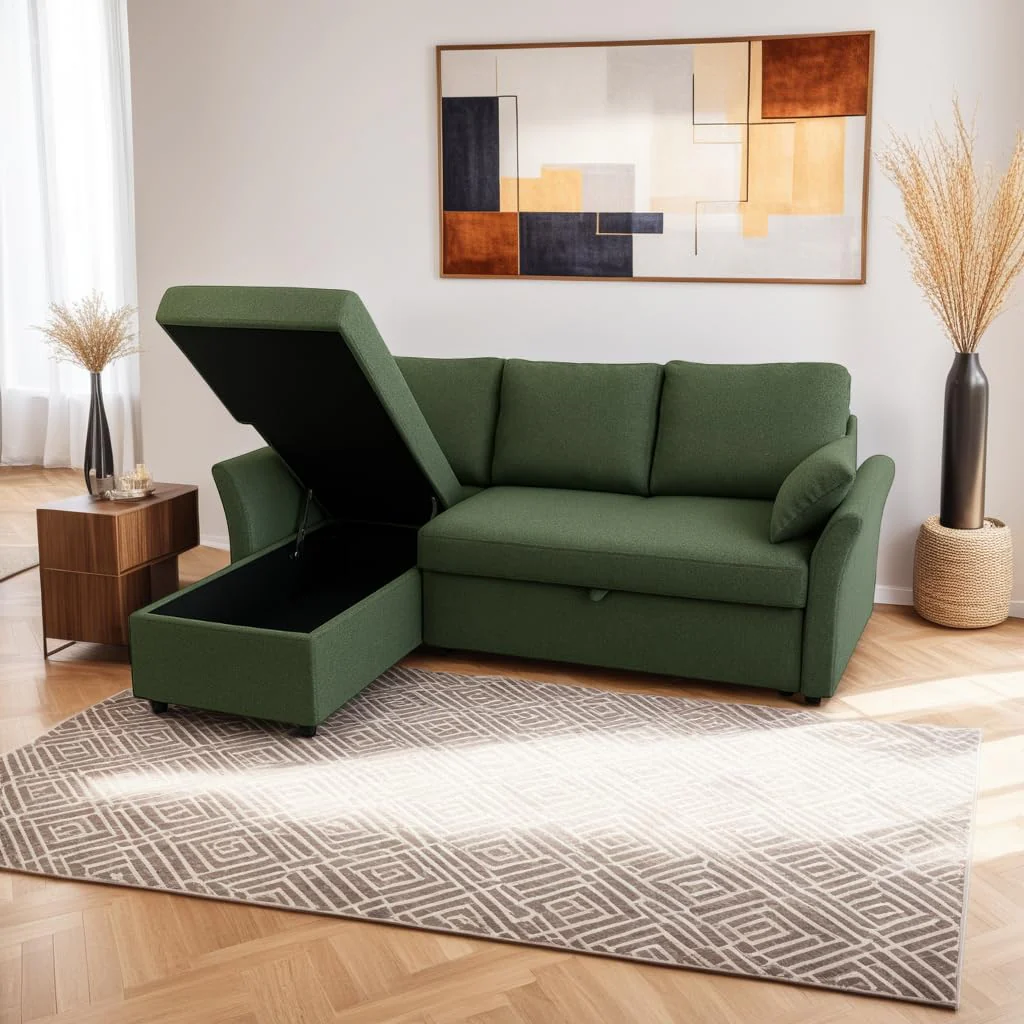 Sofá cama 3 plazas chaise longue reversible verde