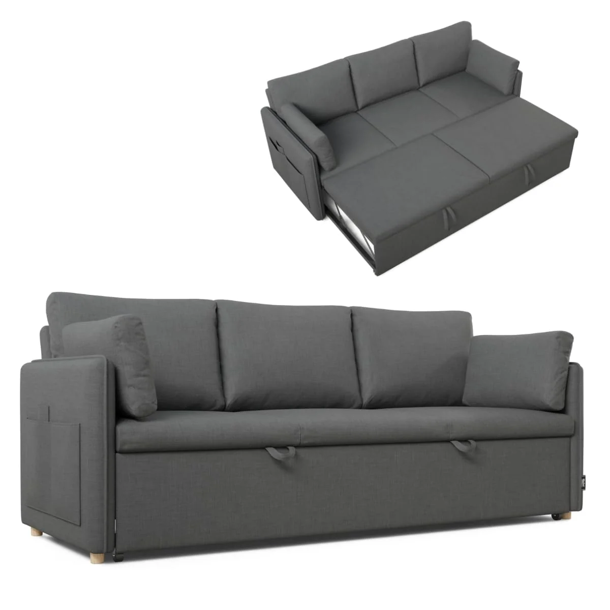 Sofá cama 3 plazas convertible gris oscuro con almohadas