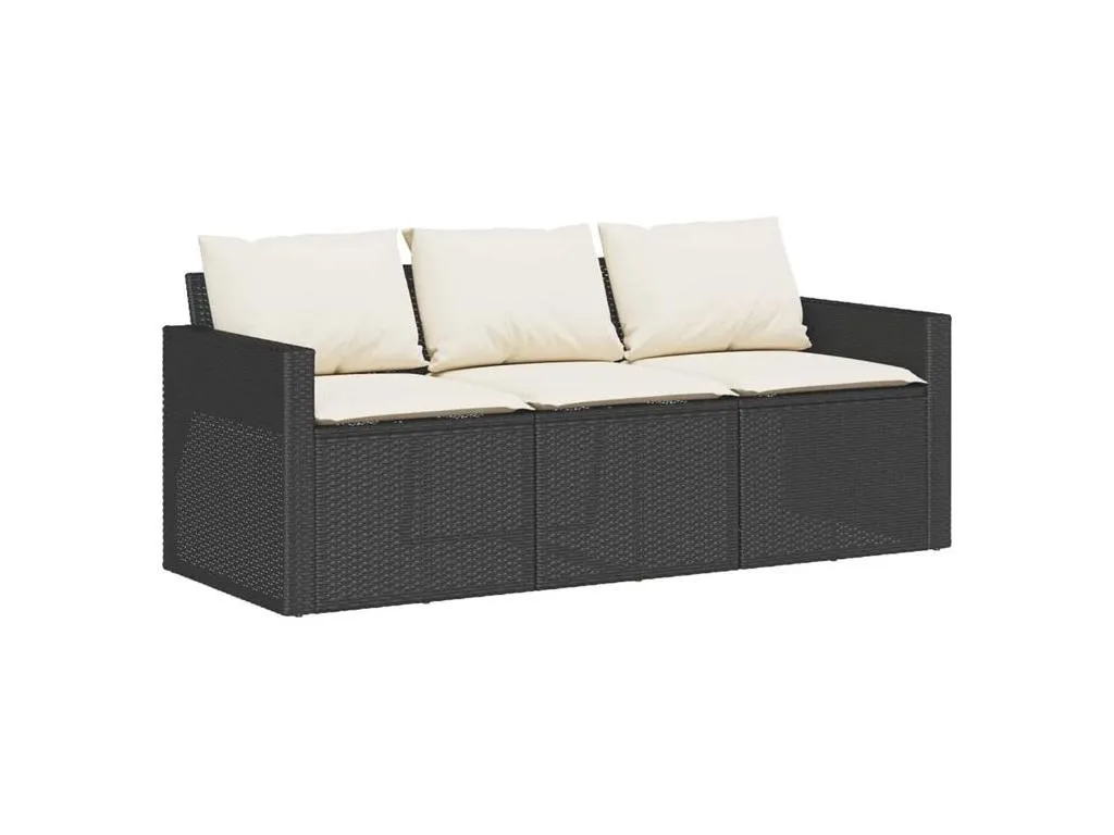 Prietocasa Sofá de jardín de 3 plazas con cojines ratán sintético negro