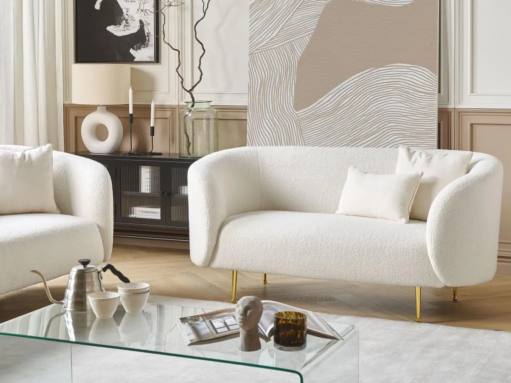 Sofá 2 plazas de bouclé blanco/dorado Homepleno izsp85554