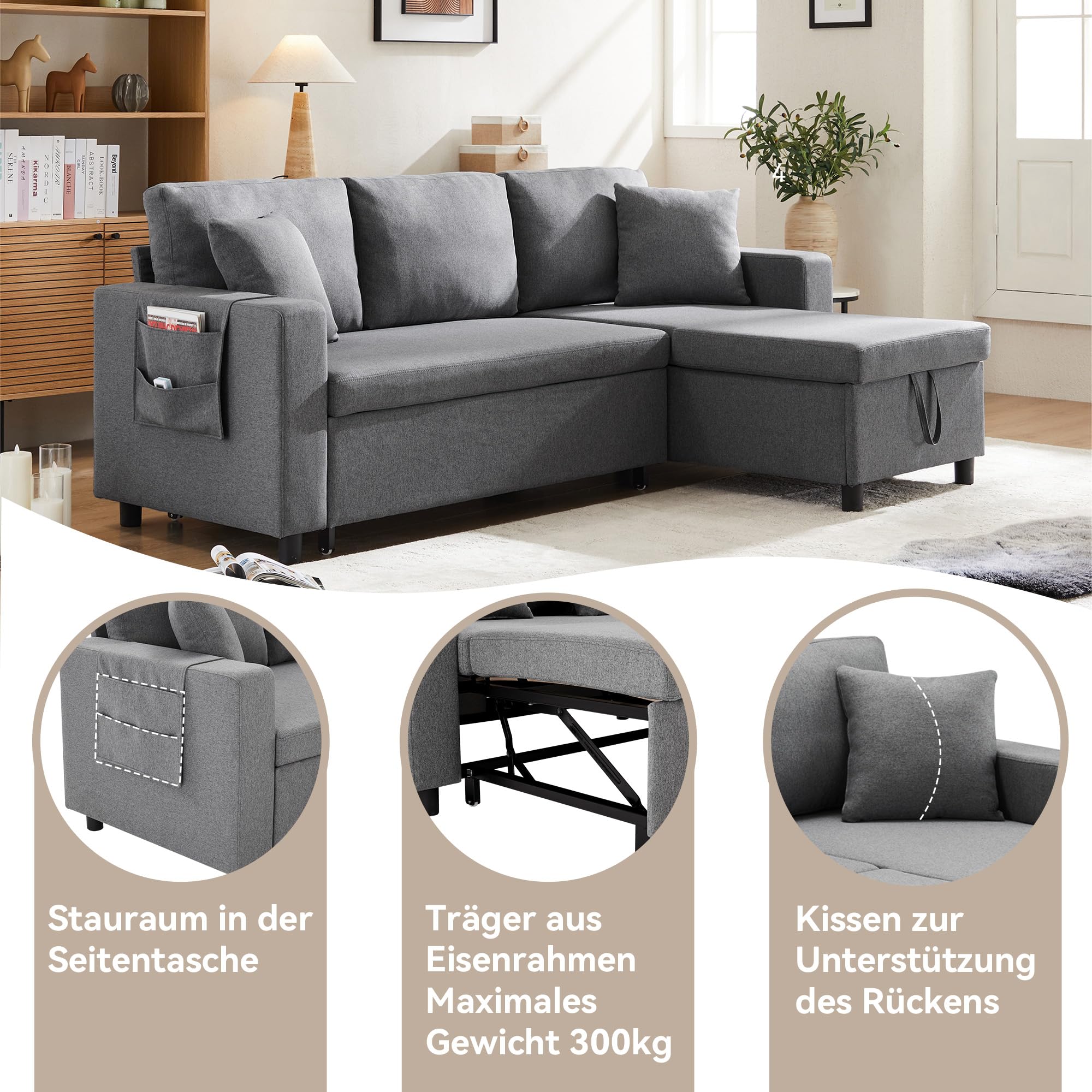 Sofá cama 3 plazas chaise longue con almacenamiento