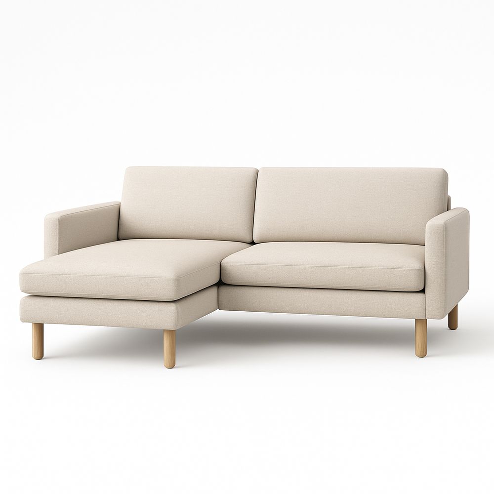 Sofá moderno con chaise longue,tapizado en tela beige,con patas de madera,diseño escandinavo,ideal para salas de estar