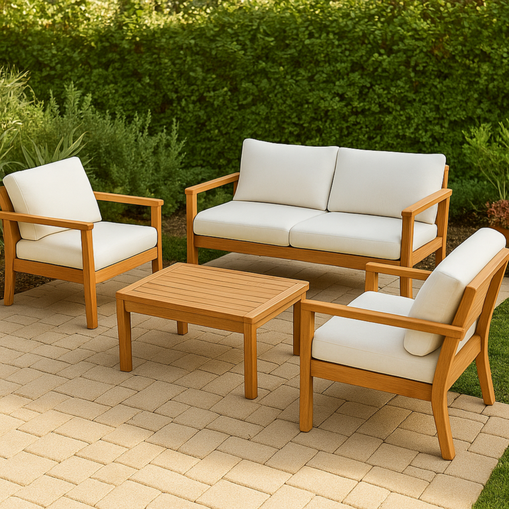 Conjunto de jardín 4 piezas: sofá 2 plazas, 2 sillones y mesa de centro de teca maciza con cojines blancos