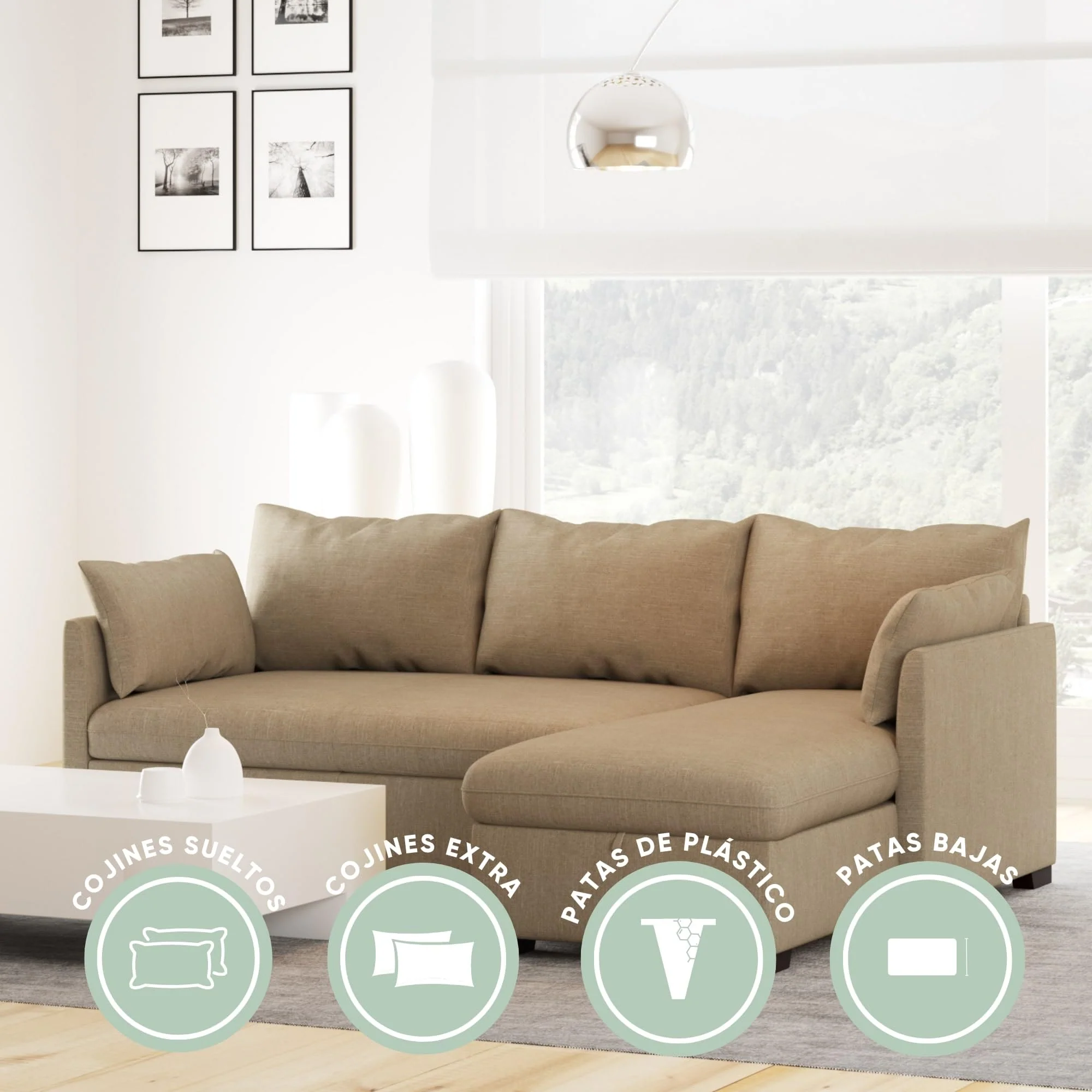 Sofá cama esquinero 4 plazas beige con arcón