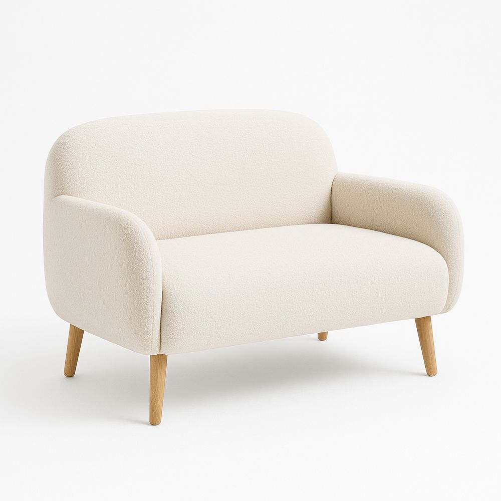 Sofá moderno de dos plazas en color crema con patas de madera,estilo escandinavo,tapiz suave,ideal para sala de estar