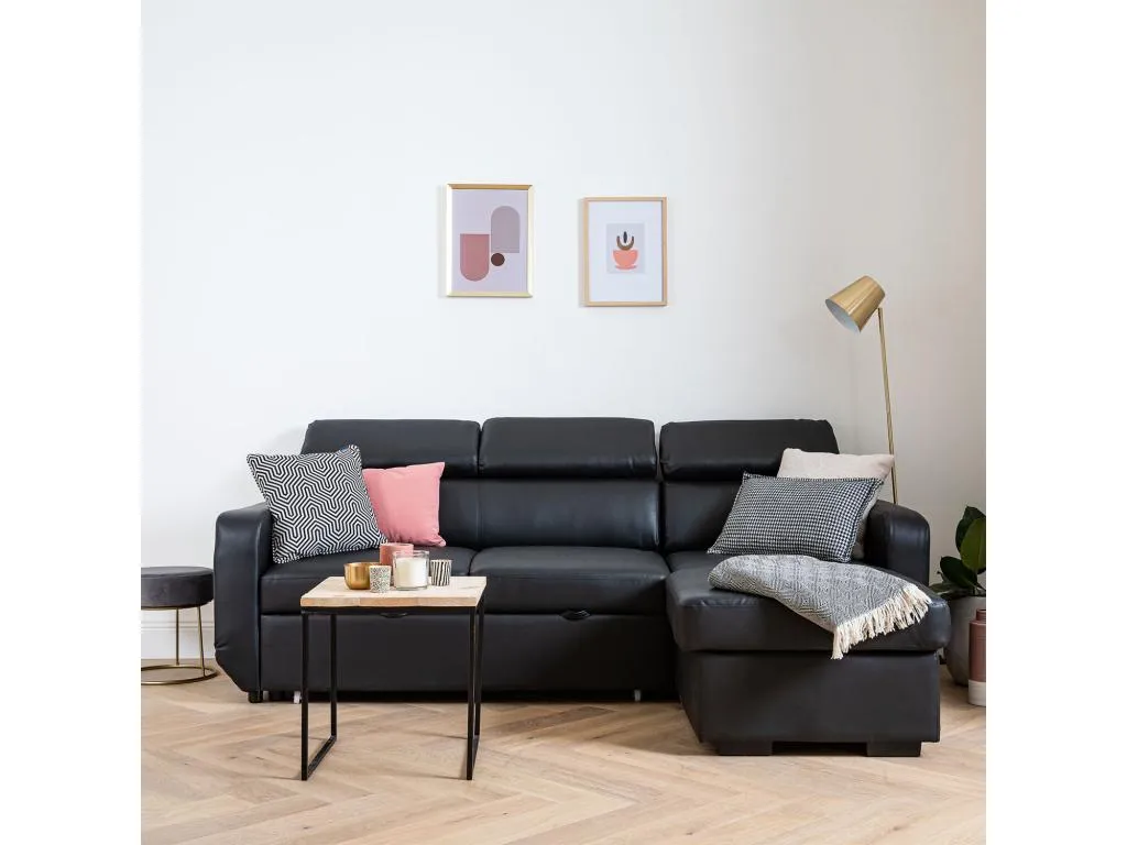 Sofá cama esquinero de 3 plazas Mueblestop en polipiel negra FZKS85233