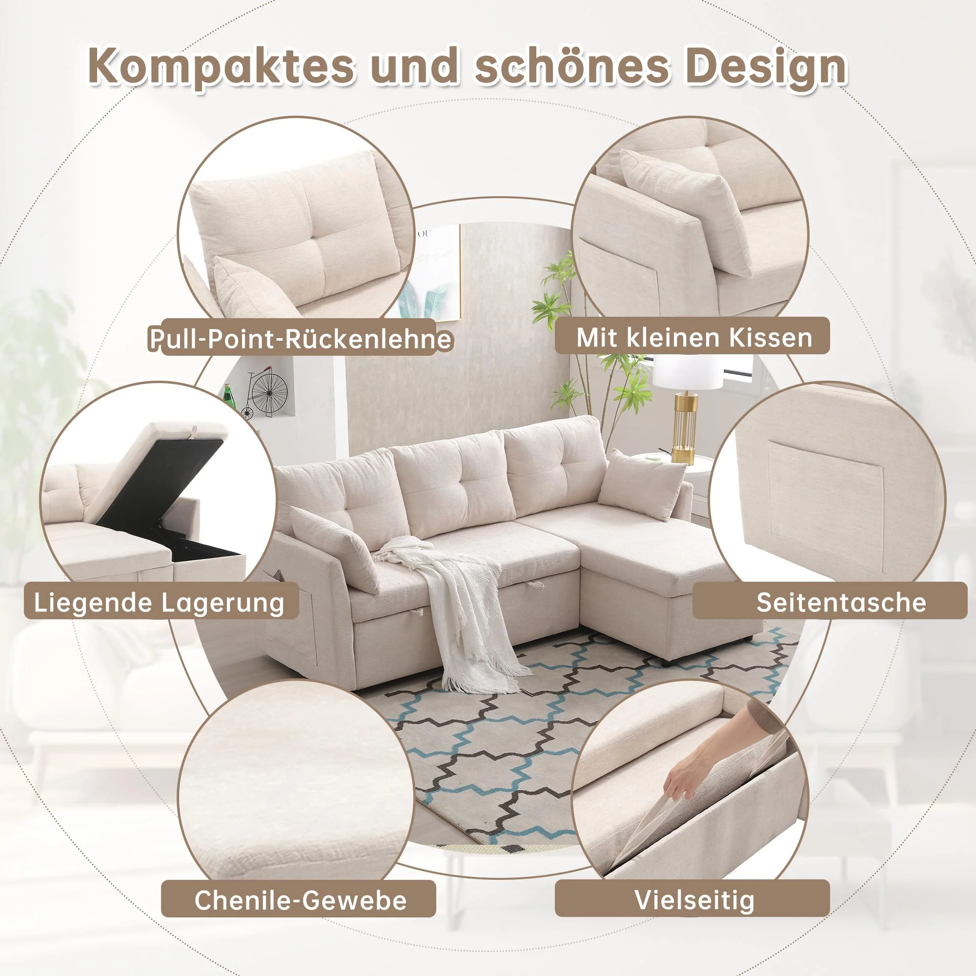 Sofá cama esquinero 3 plazas con almacenamiento beige