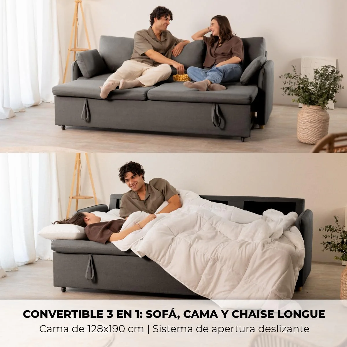 Sofá cama 3 plazas convertible gris oscuro con almohadas