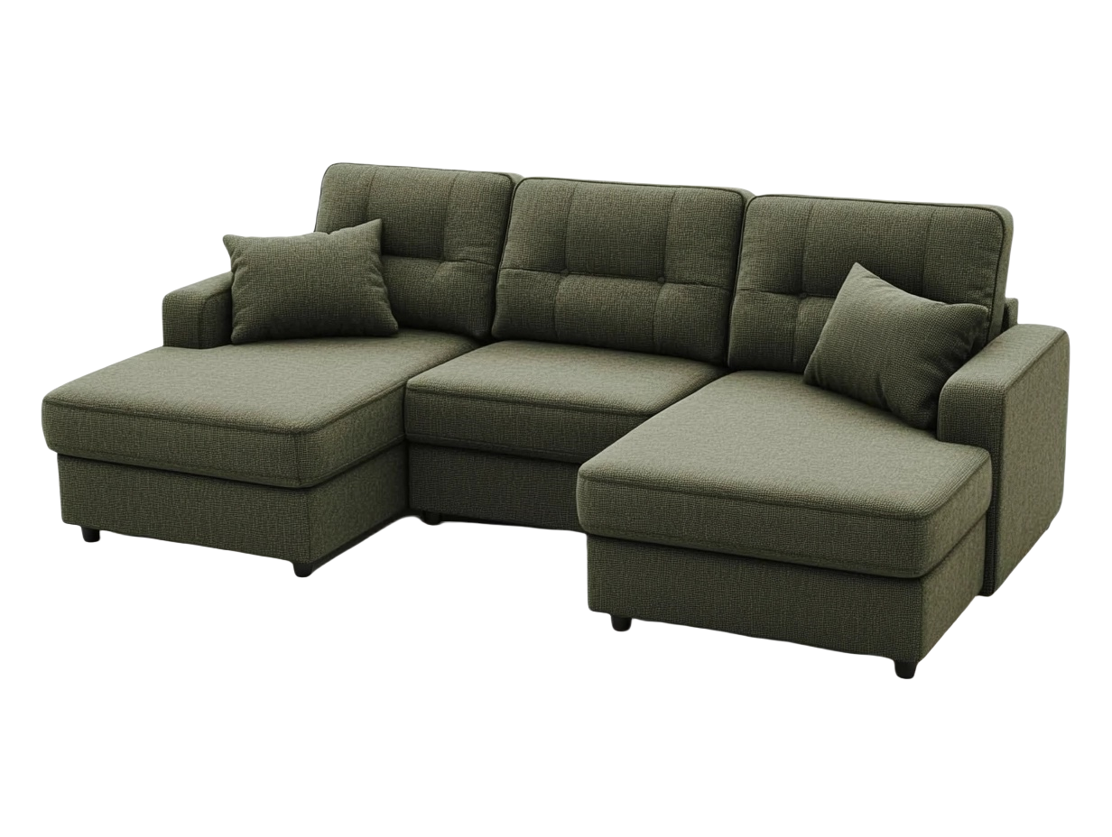 Sofá chaise longue esquinero convertible en tela verde moderno para sala amplio y cómodo 270x180cm ko7063420