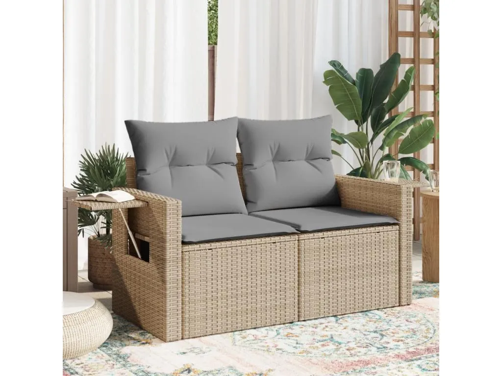 Sofá de jardín con cojines de 2 plazas ratán sintético beige