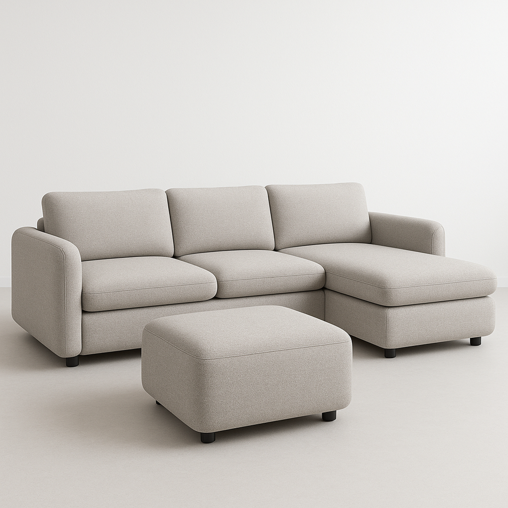 Sofá seccional de salón estilo moderno 3 plazas con chaise longue y otomana color beige tela