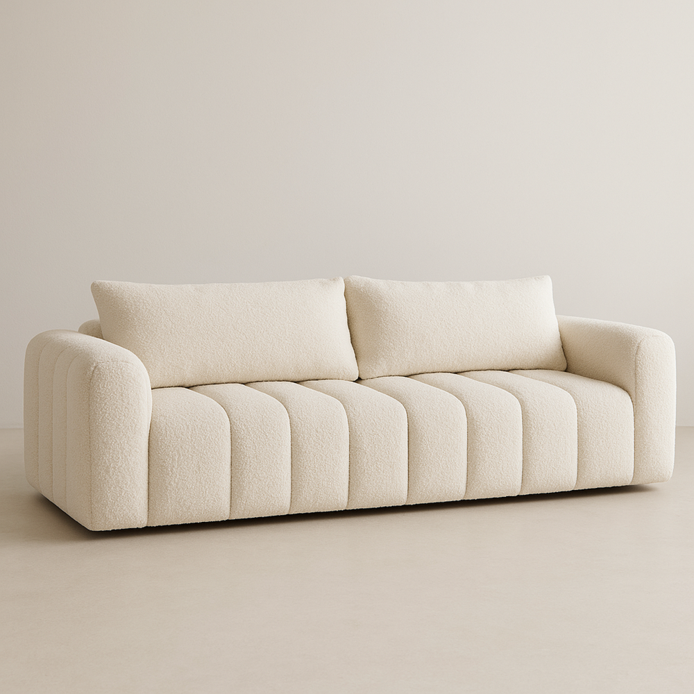 Sofá de salón moderno de tres plazas en tejido bouclé beige