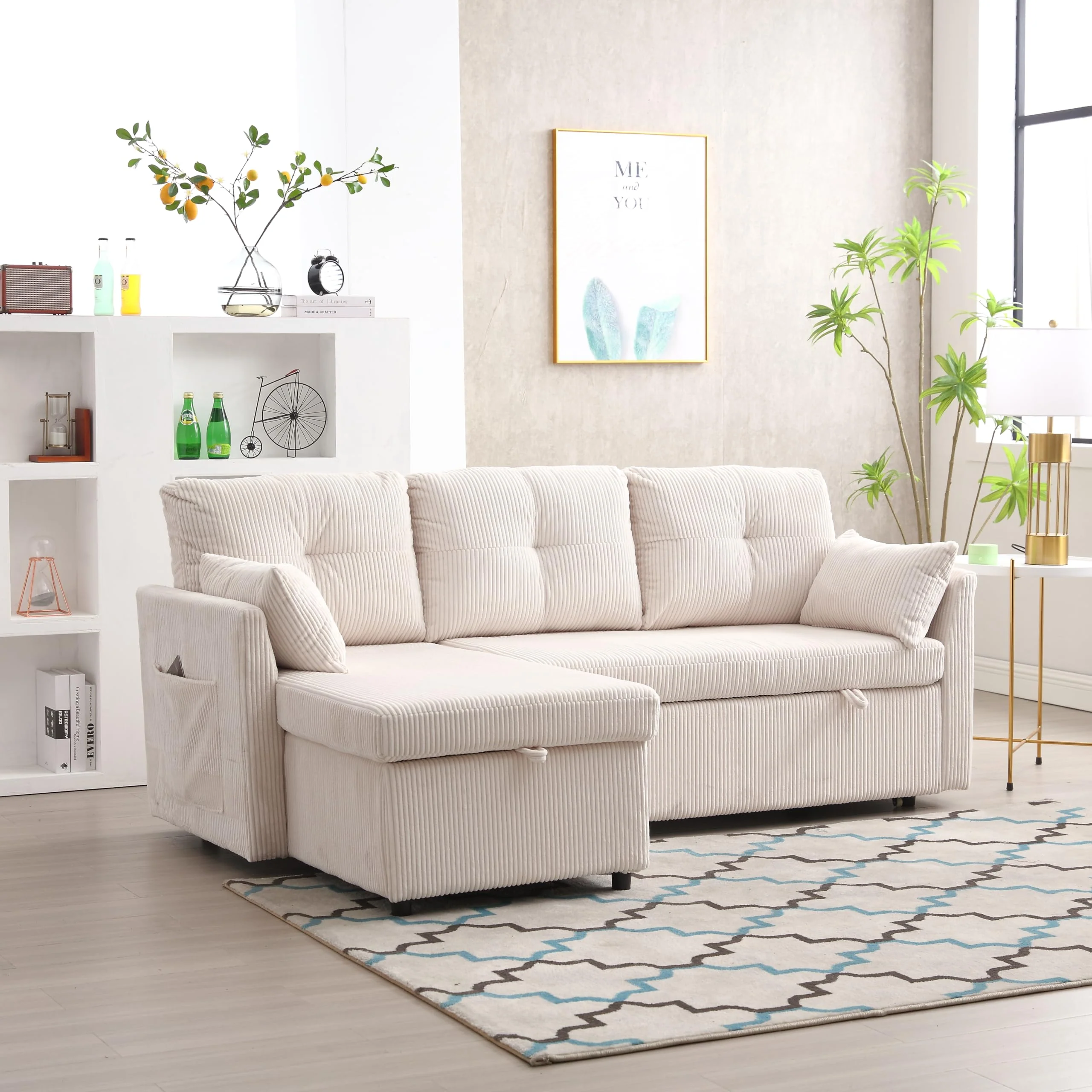 Sofá cama multifuncional en L beige con chaise longue