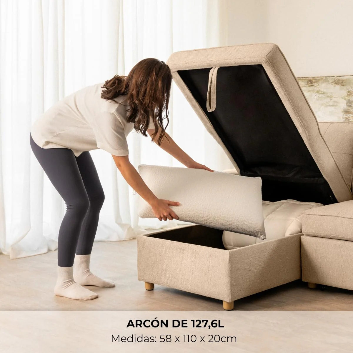 Sofá cama chaise longue reversible con arcón beige