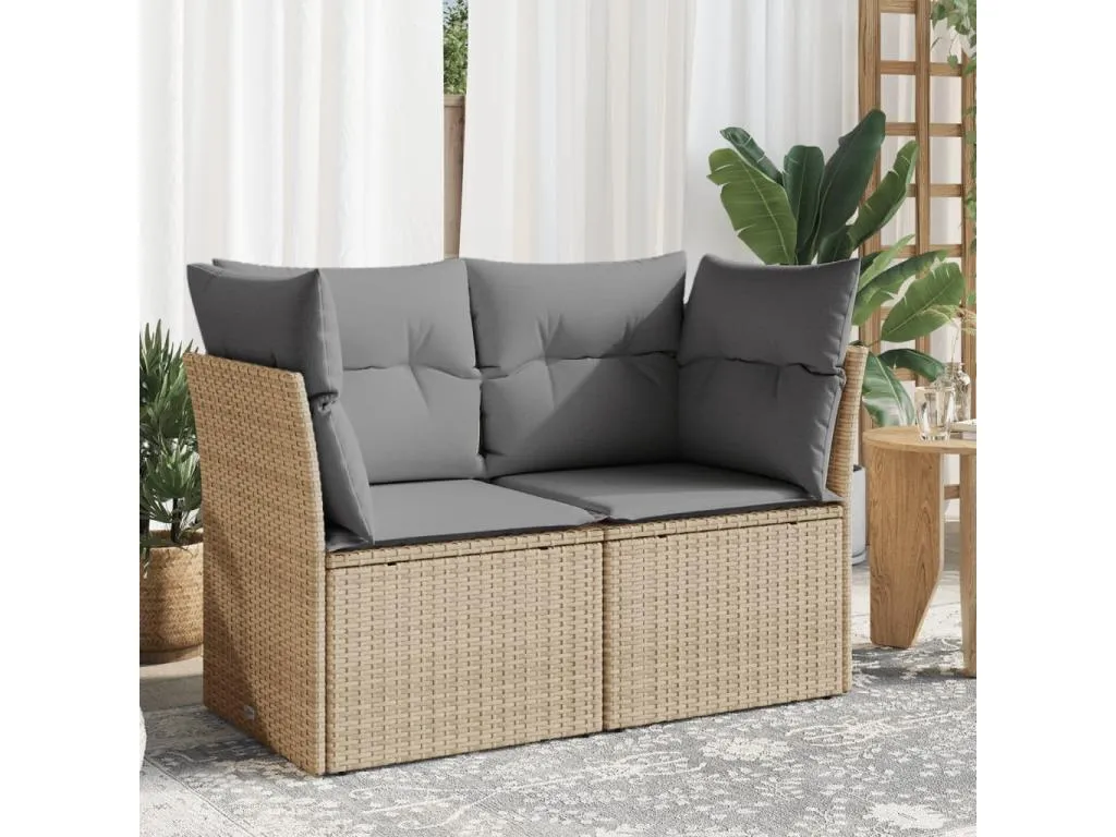 Sofá de jardín con cojines de resina tejida de 2 plazas beige