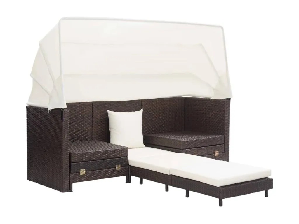 Sofá cama de jardín 3 plazas con capota ratán sintético marrón