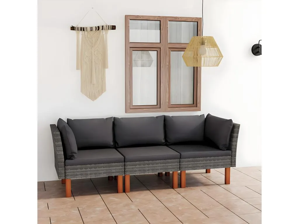 Sofá de jardín de 3 plazas con cojines ratán sintético gris