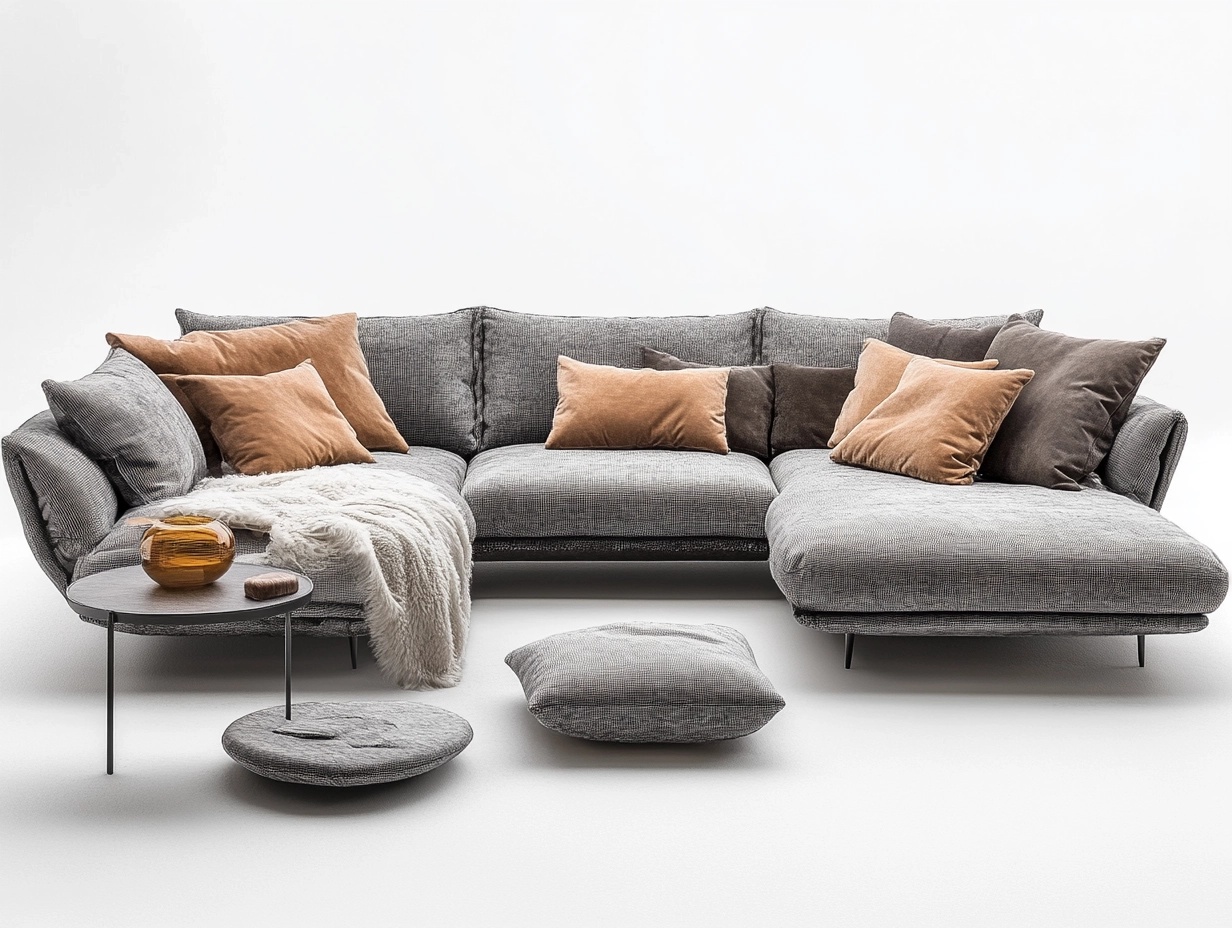 Sofá seccional gris en tela con chaise longue diseño contemporáneo para sala de estar estructura de acero y madera 320x220 cm lm8980109