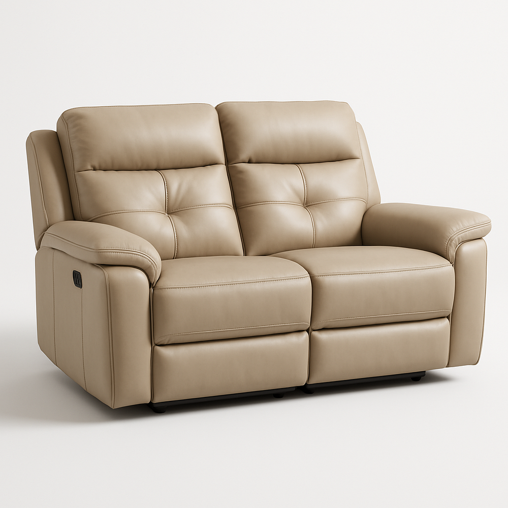 Sofá Reclinable Dos Plazas Sala Cuero Sintético Beige Confort Contemporáneo