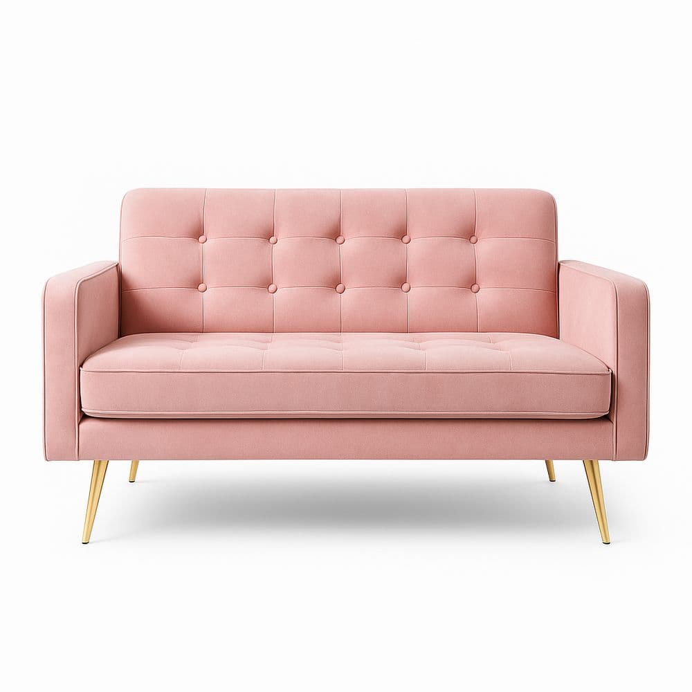 Sofá de Dos Plazas de Tela Acolchada con Patas Metálicas Doradas Rosado