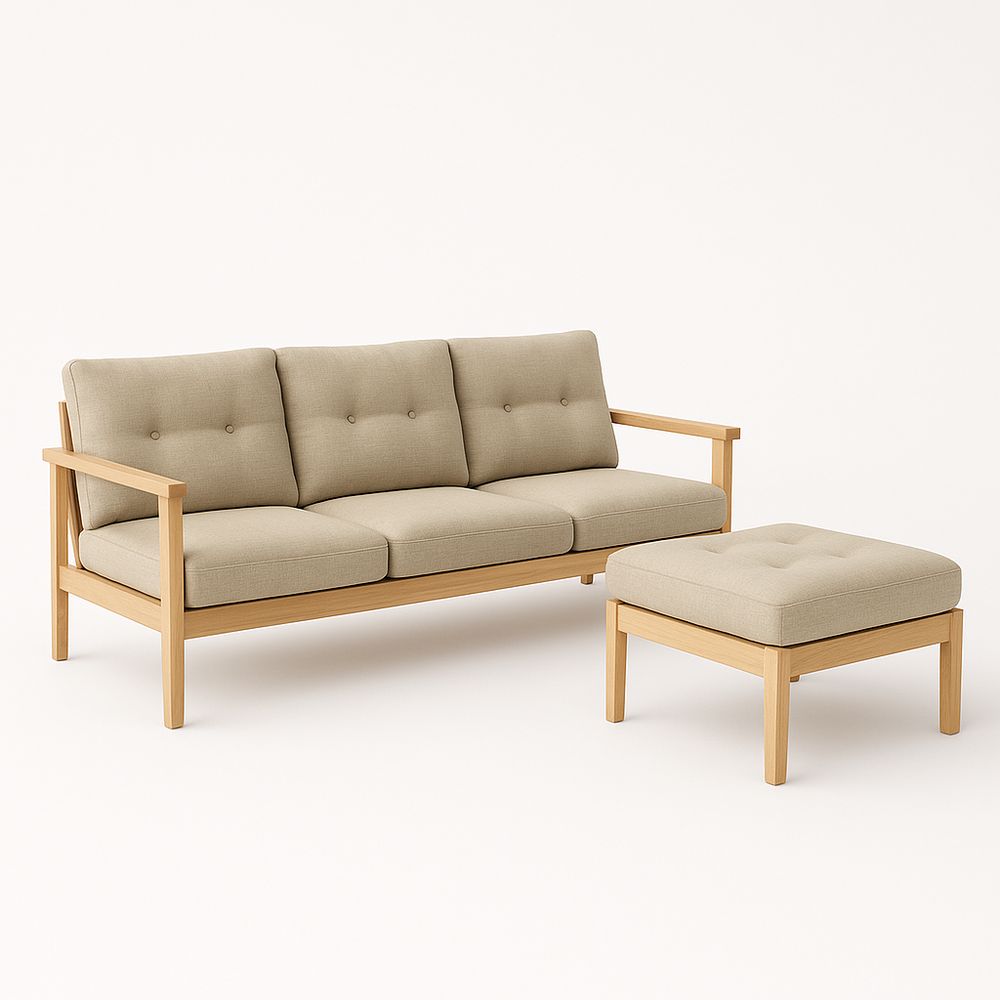 Sofá moderno de tres plazas con otomano - Estructura de madera, tapizado en tela beige, diseño contemporáneo