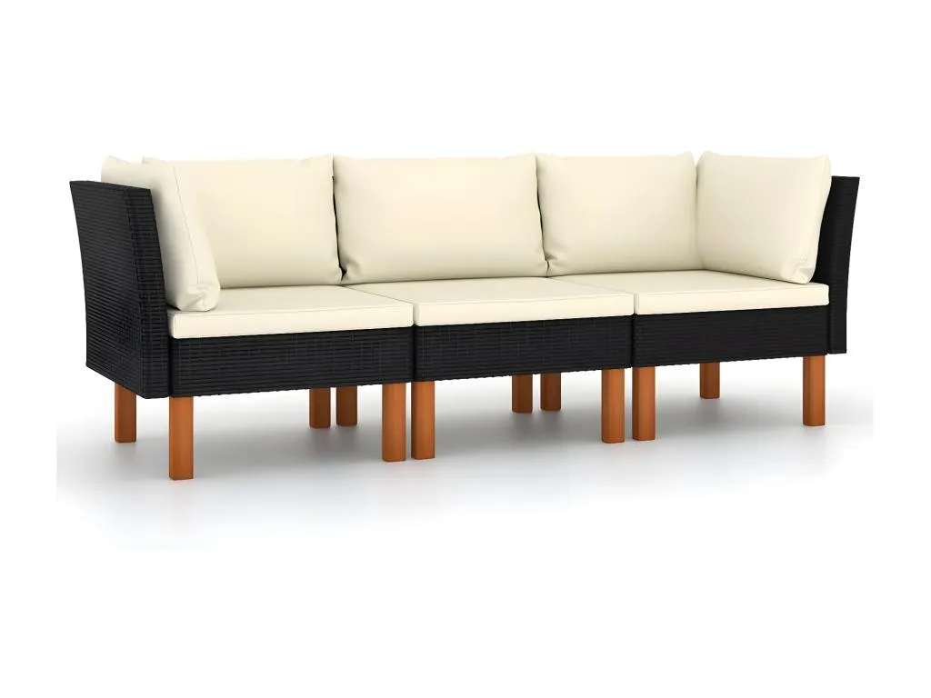 Sofá de jardín 3 plazas con cojines ratán sintético negro 09537IGXX