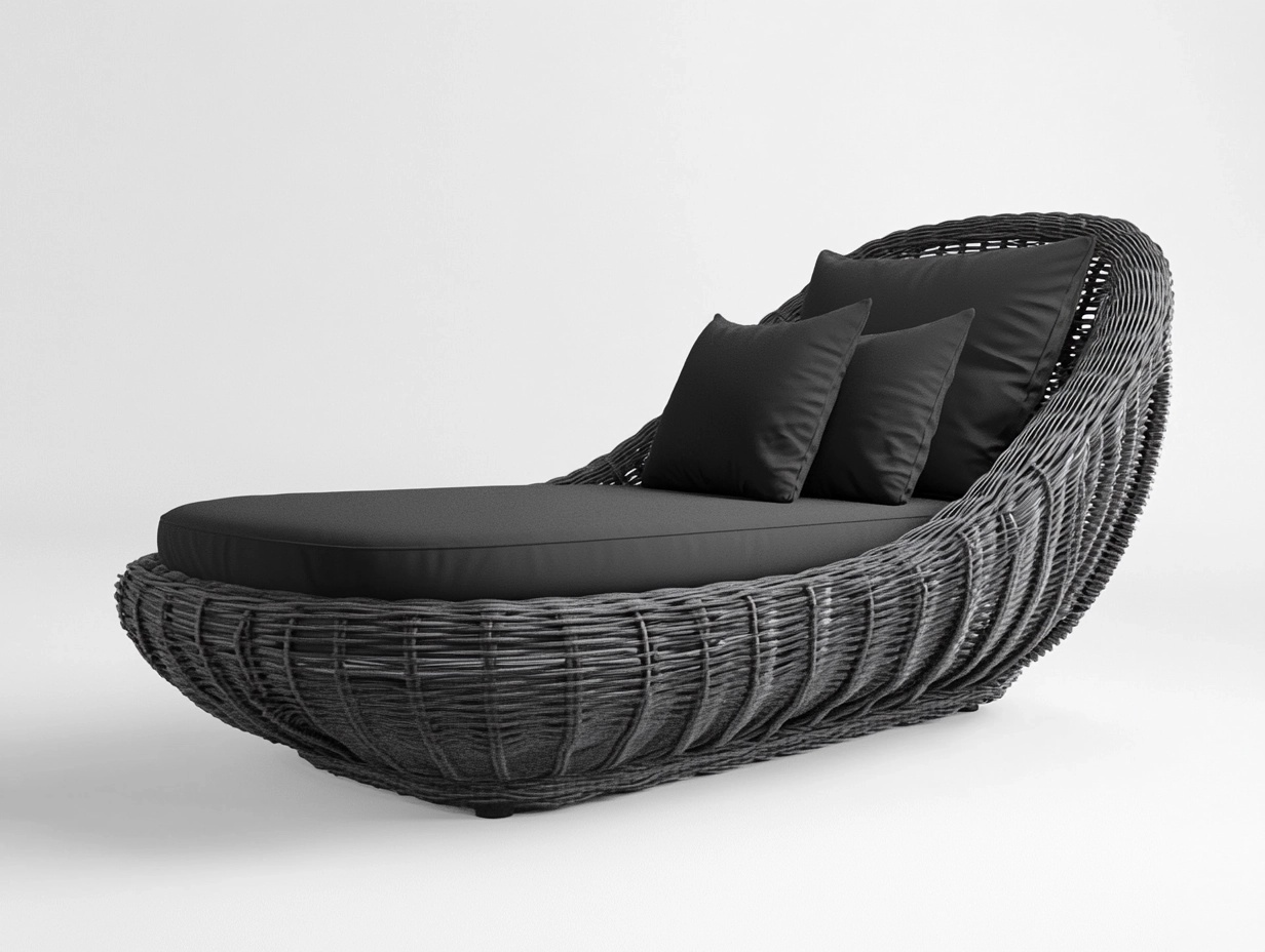 Sofá Chaise Longue Ovalado Ratán Sintético/Acero Cojines Negros 180x90x85 cm