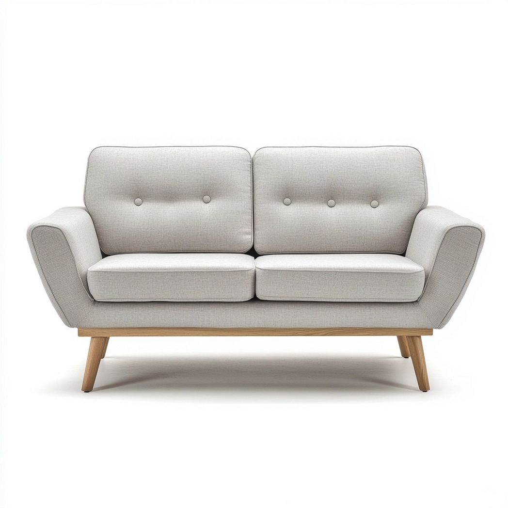 Sofá de dos plazas tapizado en tela gris claro con patas de madera estilo nórdico