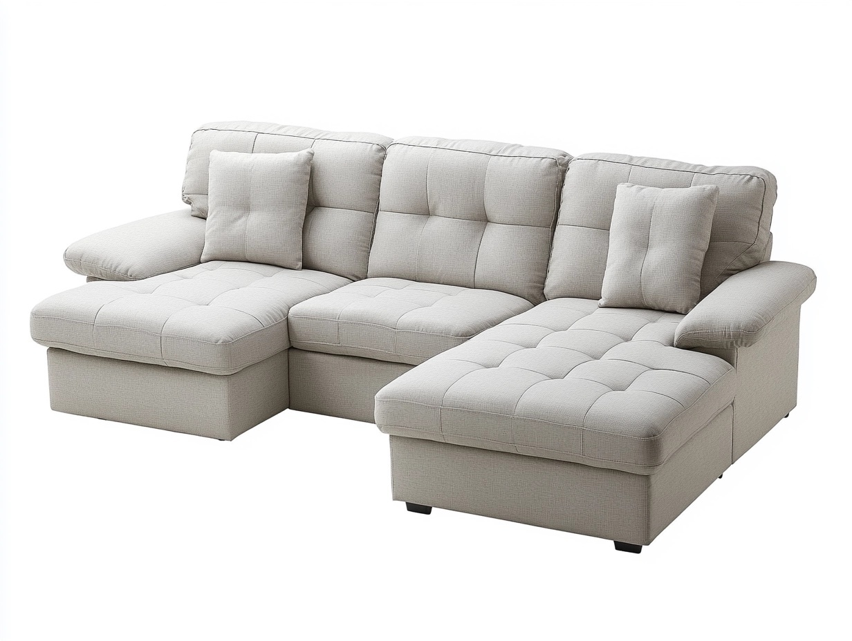 Sofá esquinero tapizado en tela beige para salón estilo moderno con chaise longue de 280x180 cm y estructura de madera