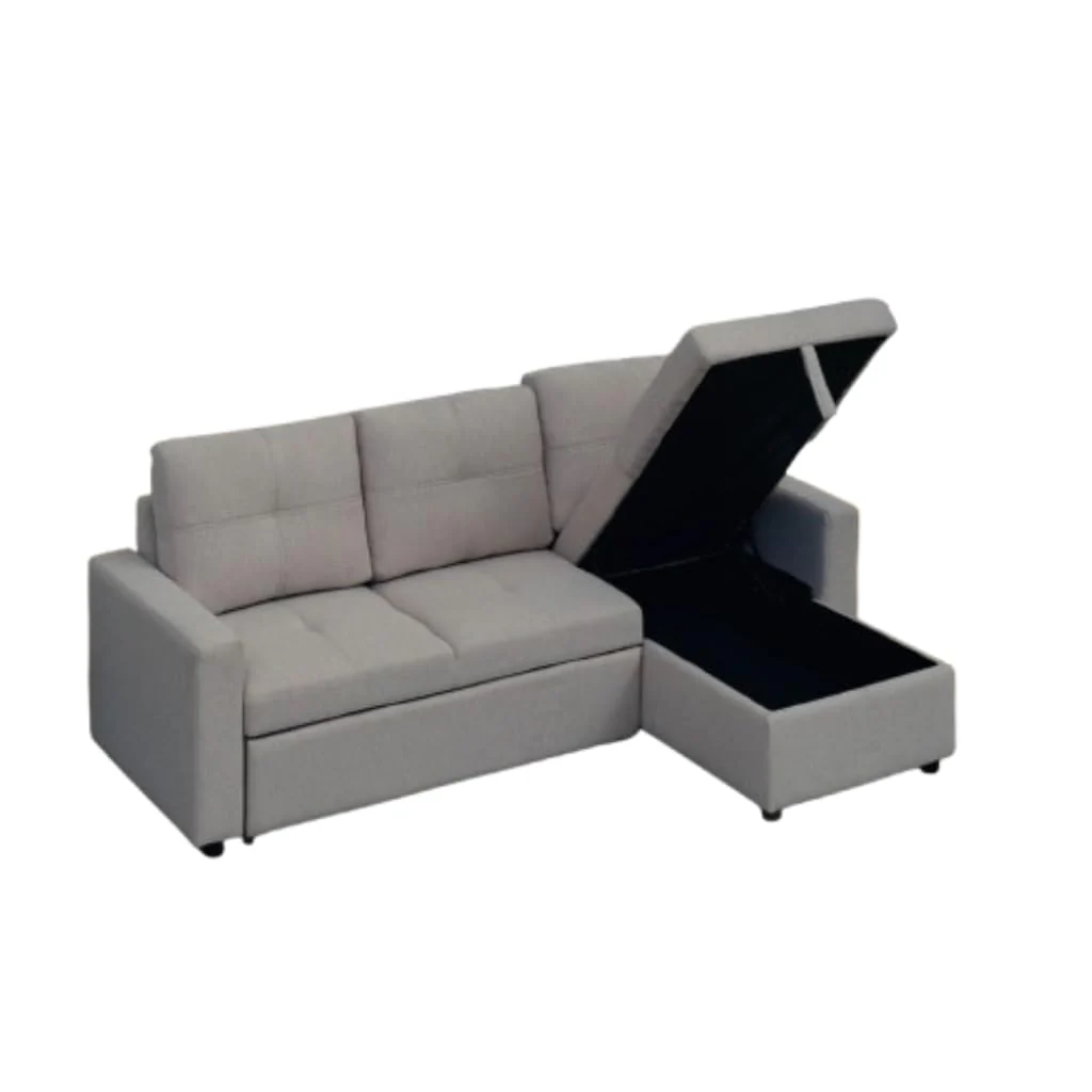 Sofá cama chaise longue reversible con arcón gris claro