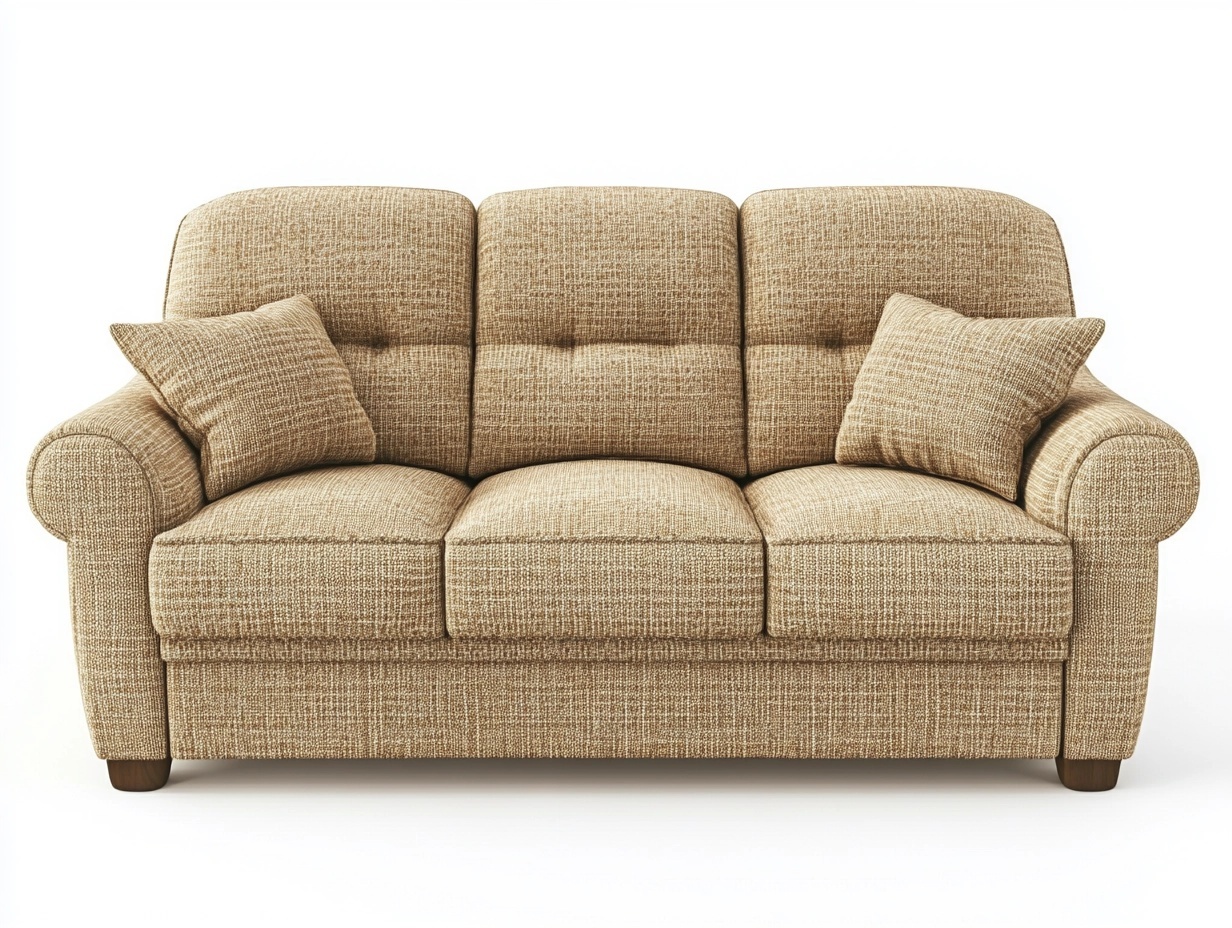 Sofá de tres plazas beige para sala de estar tapizado en tela con cojines incluidos diseño clásico 200x90x90 cm