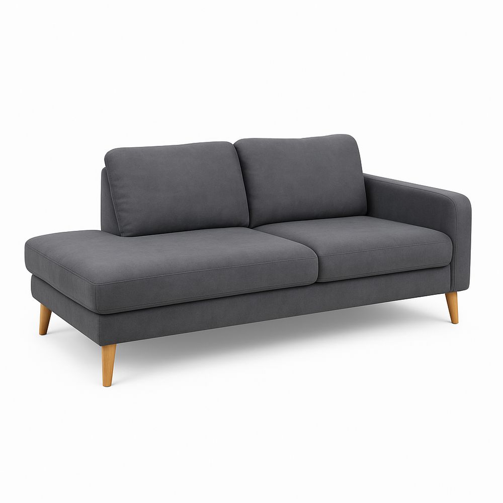 Sofá moderno de dos plazas con diseño minimalista en tela gris,estructura de madera y patas de color natural,ideal para sala de estar