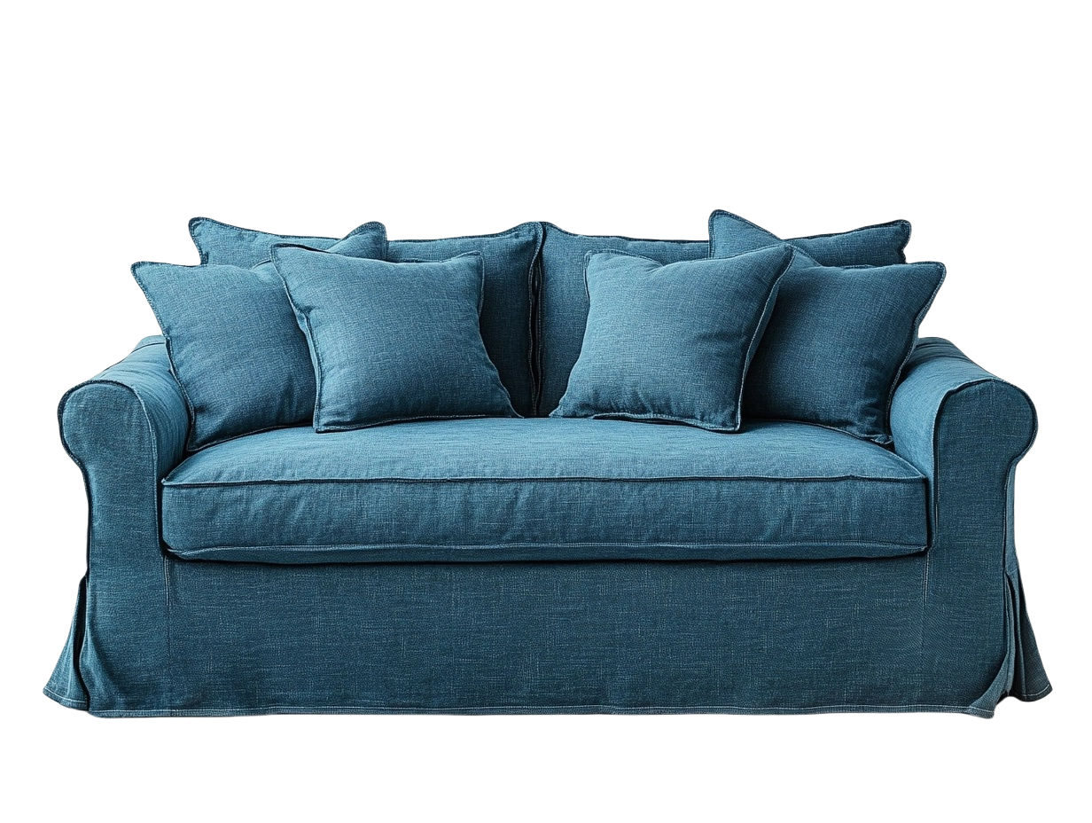 Sofá de 2 plazas en color azul con cojines sueltos y tapizado de lino ideal para sala de estar ck0767553