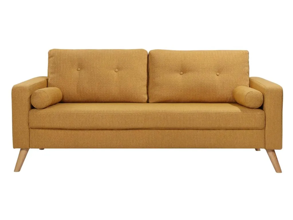 Sofá de tres plazas tapizado en tela con efecto lana bouclette Lluesmahome - Color amarillo  ON0457239