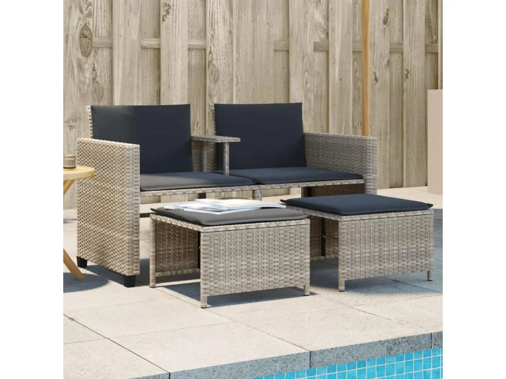 Sofá jardín 2 plazas con mesa y taburetes ratán PE gris claro AOWH44270